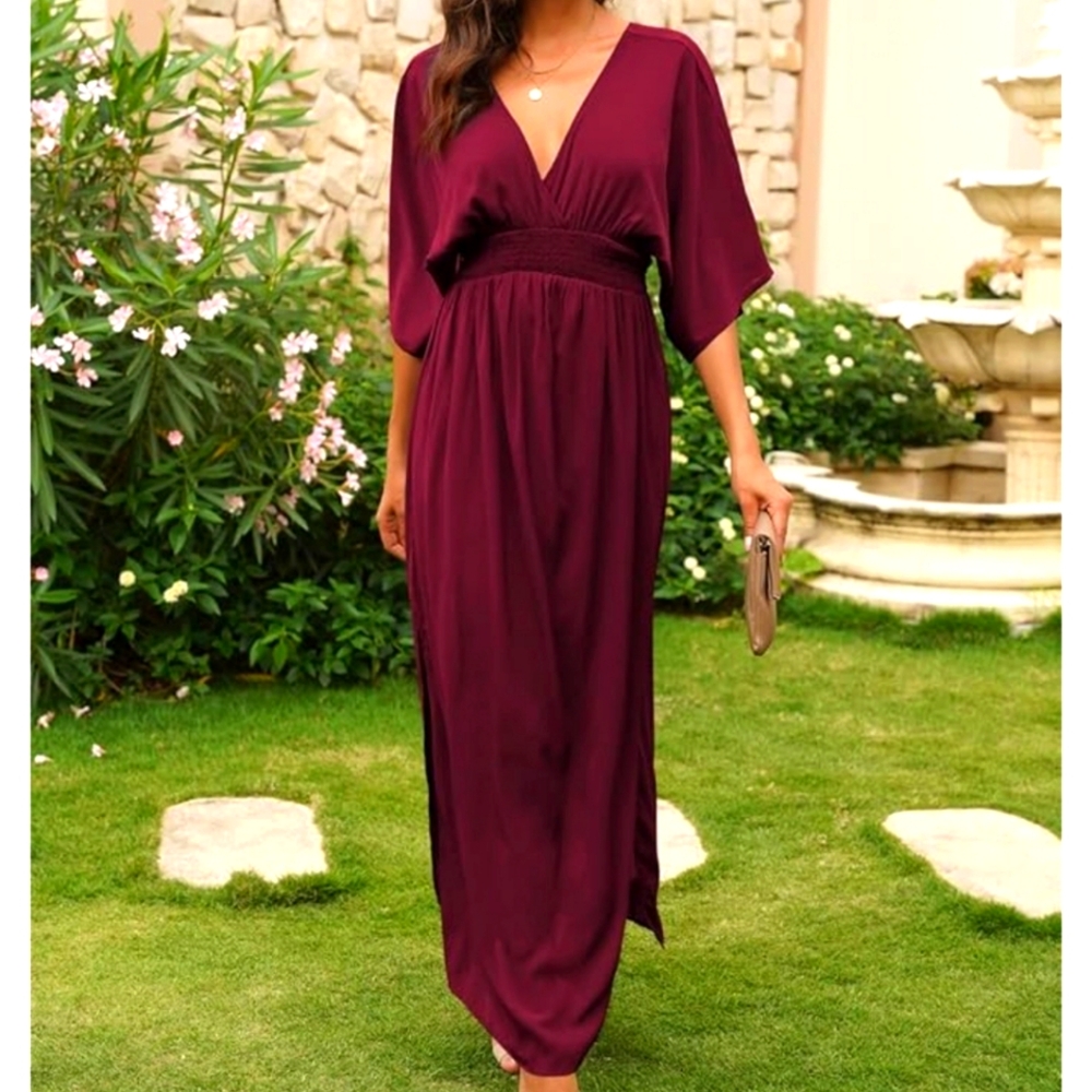 Maxi deep v neck batwing short sleeve smocked waist dress XL ruby red